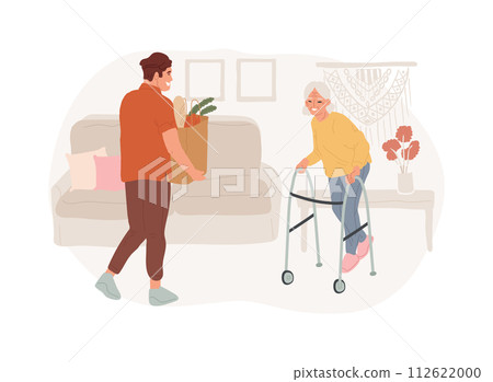 Social work isolated concept vector illustration. Social worker assistance, help people in need, solve problem, counseling psychotherapy, elder care volunteer, caregiver vector concept. 112622000