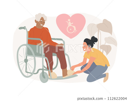 Care of the disabled isolated concept vector illustration. Disability care, downs syndrome, senior on wheelchair, help for old people, professional home nursing services vector concept. 112622004
