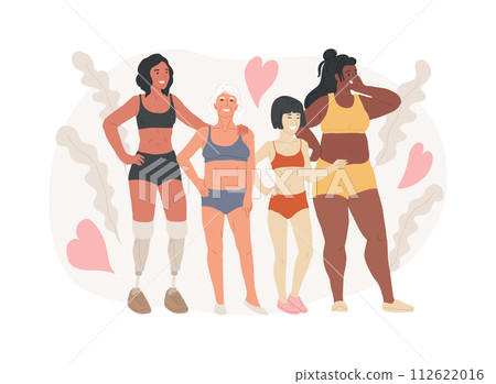 Body positive isolated concept vector illustration. Positive body image, diversity trend, positivity, acceptance of all body types, self-confidence, plus size brand promotion vector concept. 112622016