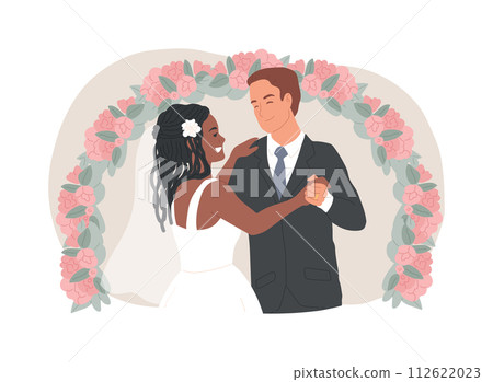 Mixed marriage isolated concept vector illustration. Interracial marriage, different races and religions, happy multiracial family, mixed couple, wedding day rings, traditional vector concept. Mixed marriage isolated concept vector illustration. Interracial marriage, different races and religions, happy multiracial family, mixed couple, wedding day rings, traditional vector concept. 112622023