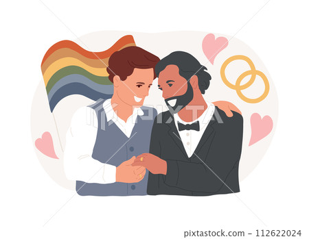 Civil union isolated concept vector illustration. Civil homosexual partnership, same sex, two grooms, wedding day rings, gay or lesbian couple, family law, intolerance and bias vector concept. 112622024