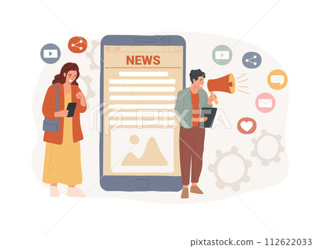 Social media news and tips isolated concept vector illustration. Social media marketing, algorithm news, promote profile, engagement tips, latest updates, content advice vector concept. 112622033