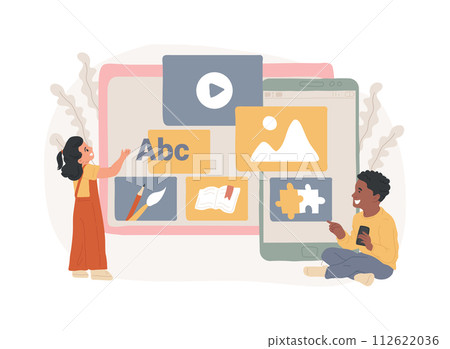 Kids digital content isolated concept vector illustration. Kids digital entertainment and education, online content for toddlers, children friendly media, apps development vector concept. 112622036