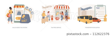 Transportation taxes isolated concept vector illustration set. Value added tax system, tax free service, transportation surtax, VAT number, purchase cost, transit service fee vector concept. 112622376