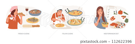 Classic european cuisine isolated concept vector illustration set. French and Italian cuisine, Mediterranean diet, fine dining restaurant, spaghetti recipe, healthy diet, gourmet vector concept. 112622396