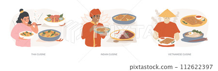 Oriental cuisine isolated concept vector illustration set. Thai, Indian and Vietnamese cuisine, spicy taste, asian recipe, homemade curry, vegetarian menu, spring roll, noodle vector concept. Oriental cuisine isolated concept vector illustration set. Thai, Indian and Vietnamese cuisine, spicy taste, asian recipe, homemade curry, vegetarian menu, spring roll, noodle vector concept. 112622397