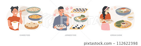 Asian food isolated concept vector illustration set. Chinese and Japanese food, Korean cuisine, oriental restaurant menu, asian spice, sushi takeout, dim sum, chopsticks eating vector concept. Asian food isolated concept vector illustration set. Chinese and Japanese food, Korean cuisine, oriental restaurant menu, asian spice, sushi takeout, dim sum, chopsticks eating vector concept. 112622398