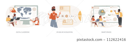 Interactive learning isolated concept vector illustration set. Digital classroom, VR and AR in education, smart spaces, blended learning, virtual reality, technology in education vector concept. 112622416