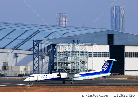 Osaka International Airport ANA Bombardier DHC8-Q400 Propeller Aircraft Takeoff Ready Sky Park Osaka International Airport ANA Bombardier DHC8-Q400 Propeller Aircraft Takeoff Ready Sky Park 112622420