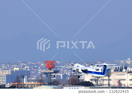 Osaka International Airport ANA Bombardier DHC8-Q400 Propeller Aircraft Takeoff Ready Sky Park Osaka International Airport ANA Bombardier DHC8-Q400 Propeller Aircraft Takeoff Ready Sky Park 112622435