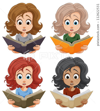 Diverse Girls Engrossed in Reading Books 112622531