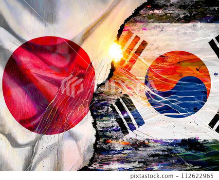 Flags of Japan and South Korea divided by flames 112622965
