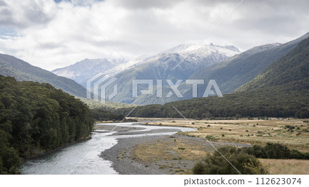Beautiful landscape of valley with dense forest, river flowing through and big snowy mountains Beautiful landscape of valley with dense forest, river flowing through and big snowy mountains 112623074