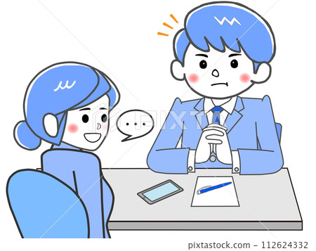 I see, the male staff member folds his hands in front of himself and nods as he hears the consultant's story. 112624332