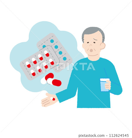 Senior man taking medicine, worrying, forgetting 112624545