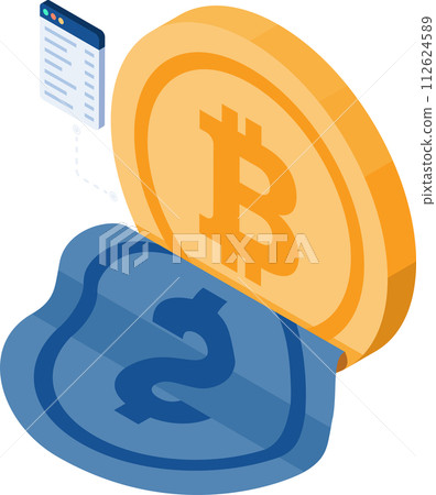 Isometric Dollar Peeling off to Bitcoin 112624589