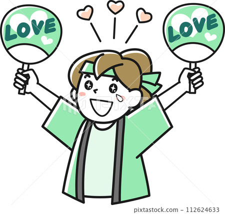 Upper body of a young woman holding a fan and cheering for the crowd 112624633
