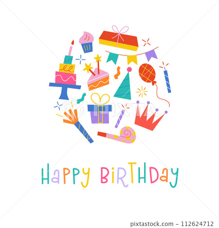 Birthday card with cake, candle, whistle. Template for greeting card, happy birthday lettering, vector arrangement with confetti, gift boxes, childish poster, cute postcard design for party Birthday card with cake, candle, whistle. Template for greeting card, happy birthday lettering, vector arrangement with confetti, gift boxes, childish poster, cute postcard design for party 112624712