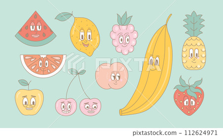 Retro groovy cartoon fruits. Modern cute comic vector mascot of watermelon, lemon, raspberry, banana, pineapple, strawberry, cherry, apple with happy smile faces. 70s, 80s retro vibes. 112624971
