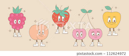 Retro groovy cartoon fruit characters. Modern cute comic mascot of raspberry, peach, strawberry, cherry, apple with happy smile face and feet. Hippie vector illustrations. 112624972