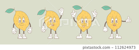 Retro groovy cartoon fruit characters. Modern cute comic mascot of lemons with happy smile face, hands and feet. 112624973