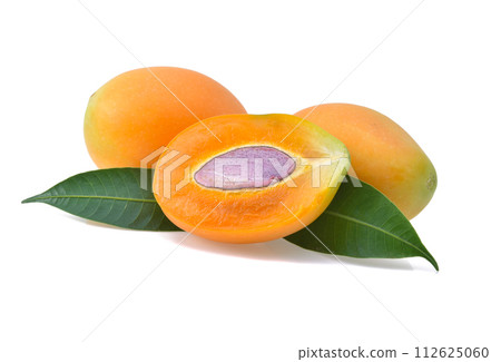 Sweet Yellow Marian plum with leaves isolated on white background. 112625060