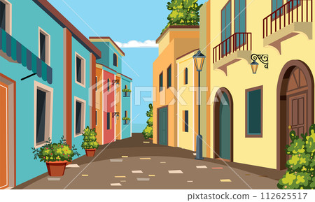 Quaint European Street Scene Illustration 112625517