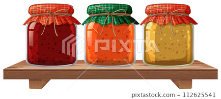 Assorted Jams on Wooden Shelf Illustration 112625541