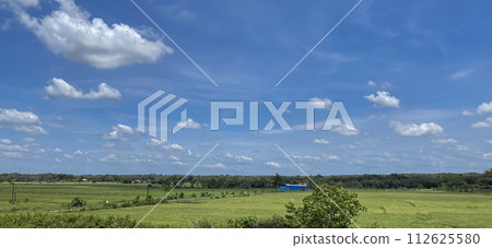 beautiful view of landscape and green view with blue sky and white cloud 112625580