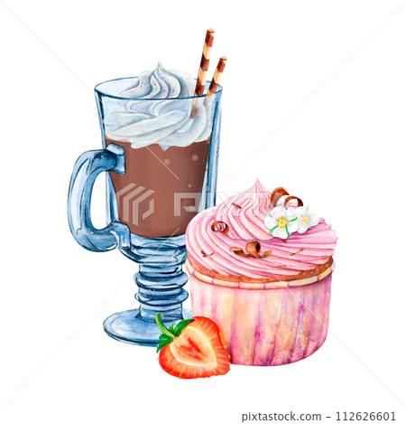 Hot chocolate cupcake muffin cream watercolor drawing sweet. Strawberry fruit flower cake. Whipped topping roll stick cocoa. Glass coffee transparent. Dessert drink illustration. Aquarelle isolated Hot chocolate cupcake muffin cream watercolor drawing sweet. Strawberry fruit flower cake. Whipped topping roll stick cocoa. Glass coffee transparent. Dessert drink illustration. Aquarelle isolated 112626601