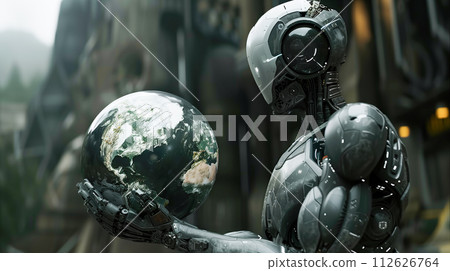A humanoid robot delicately cradles planet Earth in her hand. The concept conveys a vision where advanced AI contributes to sustainable practices. Generative AI. 112626764
