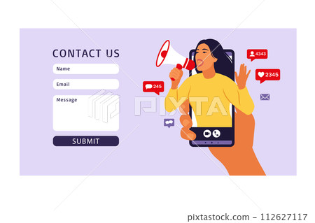 Contact us form template for web. Hands holding smartphone with a girl shouting in loud speaker. Influencer marketing, social media or network promotion. Vector illustration. Contact us form template for web. Hands holding smartphone with a girl shouting in loud speaker. Influencer marketing, social media or network promotion. Vector illustration. 112627117