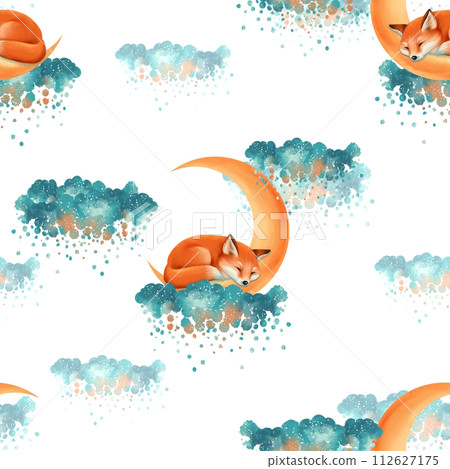 Cute little fox sleeps on the cloud, hand drawn seamless pattern with white background Cute little fox sleeps on the cloud, hand drawn seamless pattern with white background 112627175