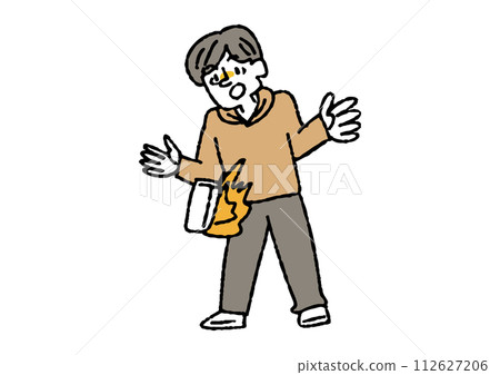 一名男子的手機電池著火時感到驚訝。有關成為火災火源的物體的插圖。 112627206