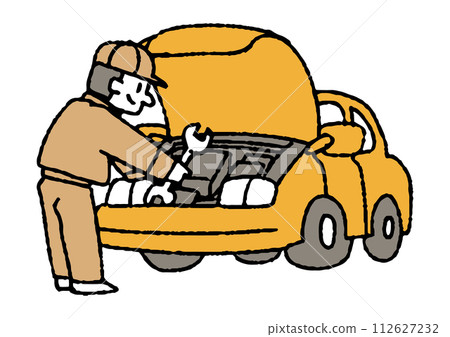 Illustration of a mechanic maintaining a car 112627232