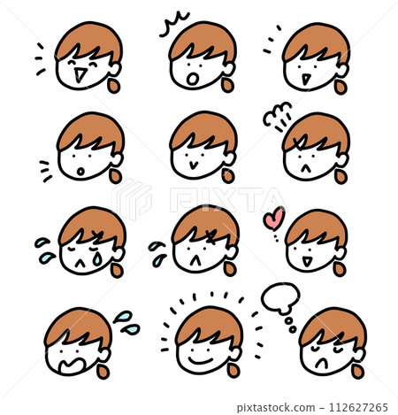 女孩的臉部插圖有各種表情 — 情緒、憤怒、悲傷、幸福 112627265