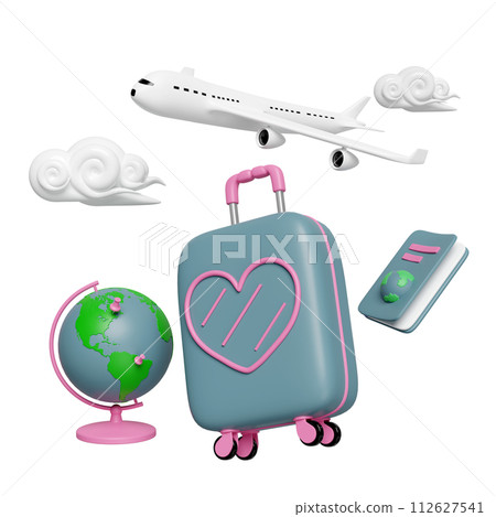 3d suitcase with passport or international travel for tourism, airplane, globe, cloud isolated. 3d render illustration 112627541