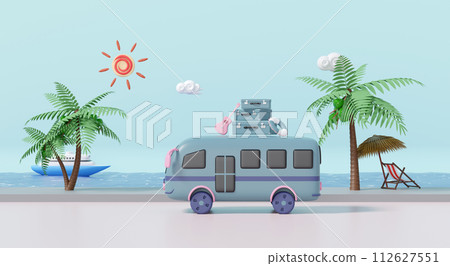 3d tourist buses run along the beach road with luggage, guitar isolated. summer travel concept, 3d render illustration 3d tourist buses run along the beach road with luggage, guitar isolated. summer travel concept, 3d render illustration 112627551
