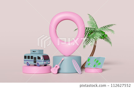 3d pin on podium with map, palms tree, tourist bus, luggage, surfboard, guitar isolated. map earth travel concept, 3d render illustration 112627552