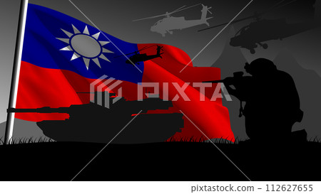 Taiwan is ready to enter into war, silhouette of military vehicles with the country's flag waving Taiwan is ready to enter into war, silhouette of military vehicles with the country's flag waving 112627655