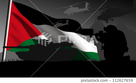 Palestine is ready to enter into war, silhouette of military vehicles with the country's flag waving Palestine is ready to enter into war, silhouette of military vehicles with the country's flag waving 112627659
