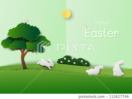 Happy Easter greeting card with rabbit family happy in the meadows on sunshine day Happy Easter greeting card with rabbit family happy in the meadows on sunshine day 112627746