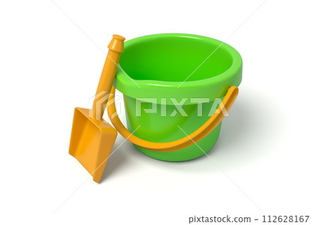 3D rendered green bucket with orange spade 112628167