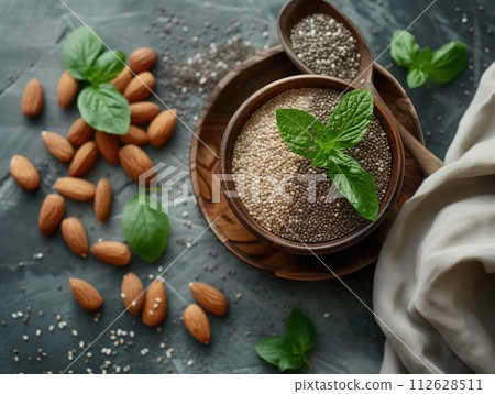 raw chia grains in a plate top view 112628511