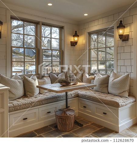 AI-generated content. Cozy breakfast nook with a built-in bench and natural light AI-generated content. Cozy breakfast nook with a built-in bench and natural light 112628670