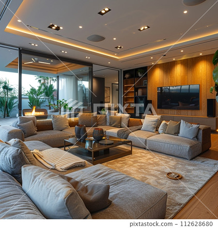 AI-generated content. High-tech smart home living room with integrated technology and sleek furniture 112628680