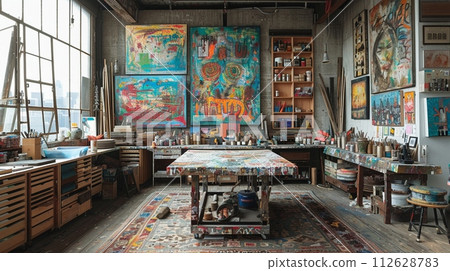 AI-generated content. Eclectic artists studio with vibrant artwork and a variety of materials 112628783