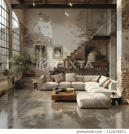 AI-generated content. Industrial loft living space with exposed ductwork and concrete floors 112628851