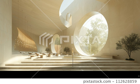 AI-generated content. Modern minimalist chapel with simple architectural lines and natural lightHyperrealistic 112628859