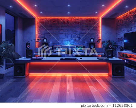 AI-generated content. Sleek digital art studio with advanced equipment and clean design8K 112628861